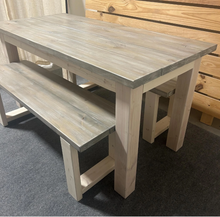 Load image into Gallery viewer, Small Dining Table Set with Table and Benches - Simply White and Gray White Wash - Wooden Kitchen Table Set
