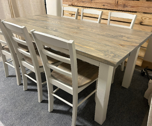 Wooden Farmhouse Table Dining Set - With Chairs - Classic Gray and Antique White - Real Wood Kitchen Table Set