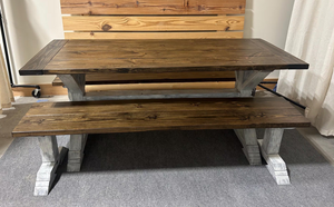 6ft Classic Trestle Table With Benches (Dark Walnut, Distressed White Base)