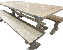 Load image into Gallery viewer, Farmhouse Trestle Table Set: Gray White Wash, Distressed White, Long Benches
