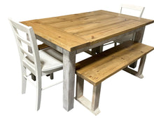 Load image into Gallery viewer, Farmhouse Dining Table with Benches and Chairs, Special Walnut, Dark Distressed Antique White, 5ft Kitchen Table Set

