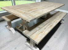 Load image into Gallery viewer, Farmhouse Trestle Table Set: Gray White Wash, Distressed White, Long Benches
