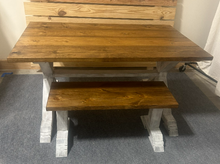 Load image into Gallery viewer, Rustic Farmhouse Pedestal Dining Set: Provincial Brown Stain, Antique White Distressed Base, Solid Wood, Bench Seating, Customizable
