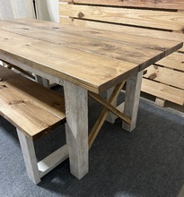 Load image into Gallery viewer, 6ft Classic X Style Farmhouse Table Set with Benches (Special Walnut, Distressed White)
