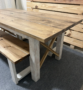 6ft Classic X Style Farmhouse Table Set with Benches (Special Walnut, Distressed White)