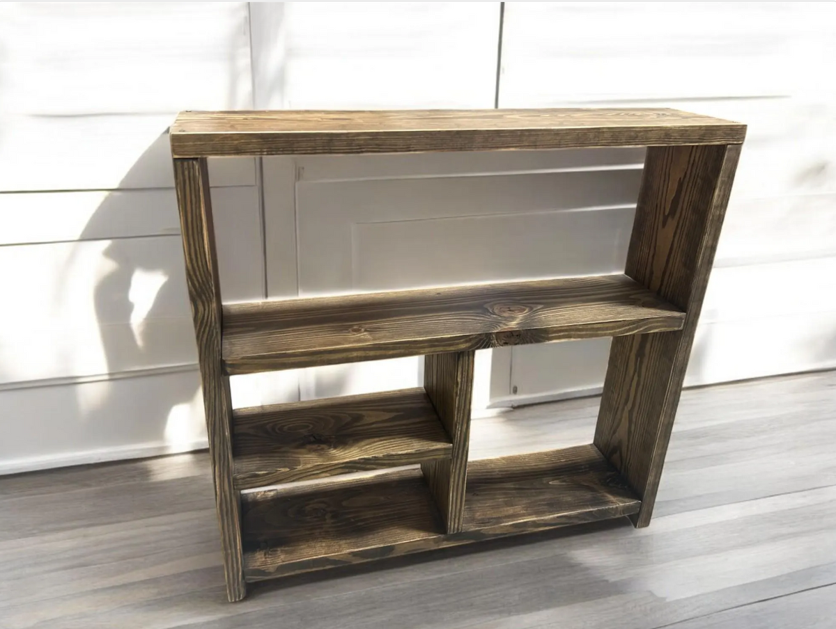 Rustic Shelving Unit Short Rustic Farmhouse Shelving Unit: Distressed Dark Walnut Console Table ...
