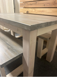 Small Dining Table Set with Table and Benches - Simply White and Gray White Wash - Wooden Kitchen Table Set