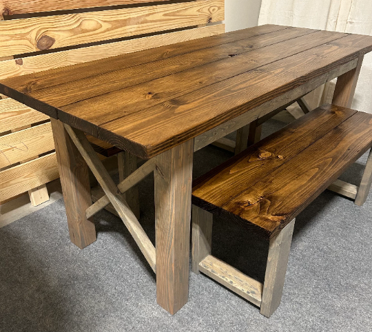 Farmhouse Table Set - Narrow Dining Table - X Accent - Classic Gray and Provincial Brown - Perfect for Cozy Dining Spaces