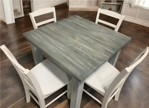 Square Farmhouse Table Set with Chairs - Gray White Wash, Distressed White Base - Breakfast Nook Table - Small Dining Table