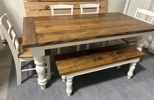 Rustic 6ft Farmhouse Table - With Bench and Chairs - Chunky Turned Legs - Provincial Brown and Antique White