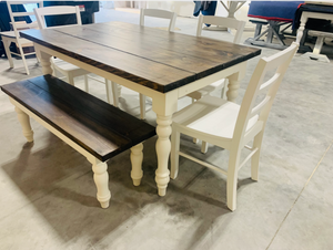 5ft Rustic Farmhouse Table with Turned Legs, Bench and Chair Set Dark Walnut Top and Antique White Base, Wooden Dining Table