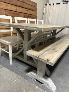 7ft Dining Table Set - Farmhouse Trestle Style Base - Bench and Chair Options - Gray White Wash, Distressed Base - Coastal Kitchen Table Set