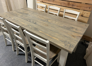 Wooden Farmhouse Table Dining Set - With Chairs - Classic Gray and Antique White - Real Wood Kitchen Table Set