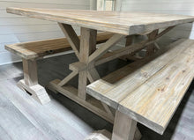 Load image into Gallery viewer, Farmhouse Trestle Table Set: Gray White Wash, Distressed White, Long Benches
