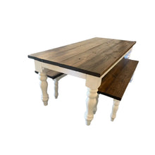 Load image into Gallery viewer, Handmade Chunky Leg Farmhouse Table with Benches: Dark Walnut &amp; Antique White Dining Set
