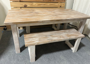 6ft Classic Farmhouse Table with Benches (White Wash Walnut, Distressed White)