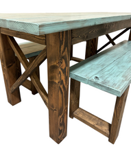 Load image into Gallery viewer, Narrow Farmhouse Dining Table - With Benches - Teal, Dark Walnut - Beach Décor Feel - Small Wooden Kitchen Table - X Design
