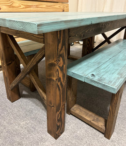 Narrow Farmhouse Dining Table - With Benches - Teal, Dark Walnut - Beach Décor Feel - Small Wooden Kitchen Table - X Design