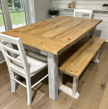 Load image into Gallery viewer, Farmhouse Dining Table with Benches and Chairs, Special Walnut, Dark Distressed Antique White, 5ft Kitchen Table Set
