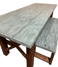 Load image into Gallery viewer, Narrow Farmhouse Dining Table - With Benches - Teal, Dark Walnut - Beach Décor Feel - Small Wooden Kitchen Table - X Design
