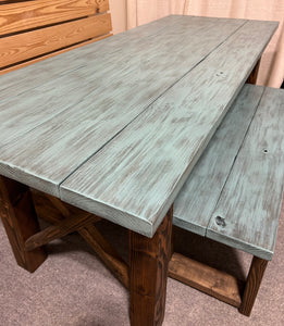 Narrow Farmhouse Dining Table - With Benches - Teal, Dark Walnut - Beach Décor Feel - Small Wooden Kitchen Table - X Design