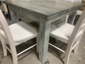 Square Farmhouse Table Set with Chairs - Gray White Wash, Distressed White Base - Breakfast Nook Table - Small Dining Table