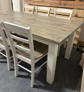 Wooden Farmhouse Table Dining Set - With Chairs - Classic Gray and Antique White - Real Wood Kitchen Table Set