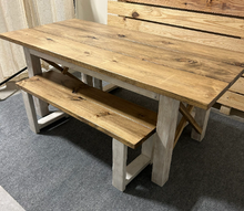 Load image into Gallery viewer, 6ft Classic X Style Farmhouse Table Set with Benches (Special Walnut, Distressed White)
