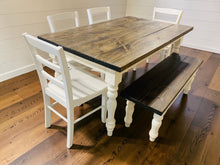 Load image into Gallery viewer, 5-Foot Rustic Farmhouse Table with Turned Legs, Bench and Chair Set Dark Walnut Top and Antique White Base, Wooden Dining Table
