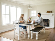Load image into Gallery viewer, 5-Foot Rustic Farmhouse Table with Turned Legs, Bench and Chair Set Dark Walnut Top and Antique White Base, Wooden Dining Table
