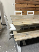 Load image into Gallery viewer, 7ft Dining Table Set - Farmhouse Trestle Style Base - Bench and Chair Options - Gray White Wash, Distressed Base - Coastal Kitchen Table Set
