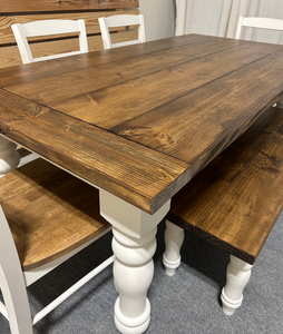 Rustic 6ft Farmhouse Table - With Bench and Chairs - Chunky Turned Legs - Provincial Brown and Antique White
