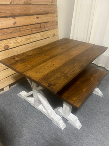 Rustic Farmhouse Pedestal Dining Set: Provincial Brown Stain, Antique White Distressed Base, Solid Wood, Bench Seating, Customizable