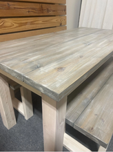 Load image into Gallery viewer, Small Dining Table Set with Table and Benches - Simply White and Gray White Wash - Wooden Kitchen Table Set
