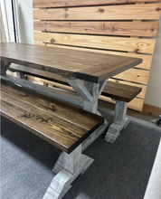 Load image into Gallery viewer, 6ft Classic Trestle Table With Benches (Dark Walnut, Distressed White Base)
