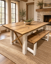 Load image into Gallery viewer, 6-Foot Classic X Style Farmhouse Table Set with Benches (Special Walnut, Distressed White)
