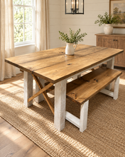 Load image into Gallery viewer, 6-Foot Classic X Style Farmhouse Table Set with Benches (Special Walnut, Distressed White)
