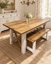 Load image into Gallery viewer, 6-Foot Classic X Style Farmhouse Table Set with Benches (Special Walnut, Distressed White)
