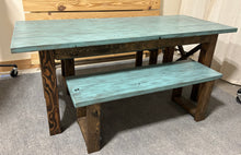 Load image into Gallery viewer, Narrow Farmhouse Dining Table - With Benches - Teal, Dark Walnut - Beach Décor Feel - Small Wooden Kitchen Table - X Design
