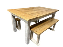 Load image into Gallery viewer, Farmhouse Dining Table with Benches and Chairs, Special Walnut, Dark Distressed Antique White, 5ft Kitchen Table Set
