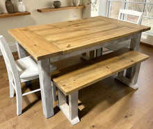 Load image into Gallery viewer, Farmhouse Dining Table with Benches and Chairs, Special Walnut, Dark Distressed Antique White, 5ft Kitchen Table Set
