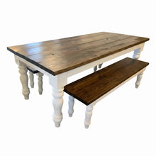 Load image into Gallery viewer, Handmade Chunky Leg Farmhouse Table with Benches: Dark Walnut &amp; Antique White Dining Set
