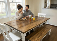 Load image into Gallery viewer, 6-Foot Table Set - Farmhouse Style with Turned Table Legs - Chairs and Bench Seating - White and Provincial Brown - Wooden Kitchen Table Set
