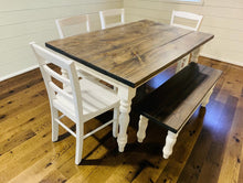 Load image into Gallery viewer, 5-Foot Rustic Farmhouse Table with Turned Legs, Bench and Chair Set Dark Walnut Top and Antique White Base, Wooden Dining Table
