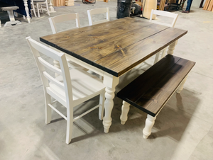 5ft Rustic Farmhouse Table with Turned Legs, Bench and Chair Set Dark Walnut Top and Antique White Base, Wooden Dining Table