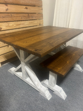 Load image into Gallery viewer, Rustic Farmhouse Pedestal Dining Set: Provincial Brown Stain, Antique White Distressed Base, Solid Wood, Bench Seating, Customizable
