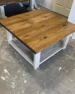 Rustic Living Room Set, Large Farmhouse Coffee Table With Set of Long End Tables, Early American Top, Creamy White Distressed