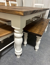 Load image into Gallery viewer, Rustic 6ft Farmhouse Table - With Bench and Chairs - Chunky Turned Legs - Provincial Brown and Antique White
