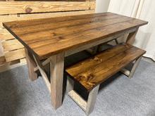Load image into Gallery viewer, Farmhouse Table Set - Narrow Dining Table - X Accent - Classic Gray and Provincial Brown - Perfect for Cozy Dining Spaces
