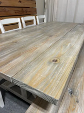 Load image into Gallery viewer, 7ft Dining Table Set - Farmhouse Trestle Style Base - Bench and Chair Options - Gray White Wash, Distressed Base - Coastal Kitchen Table Set

